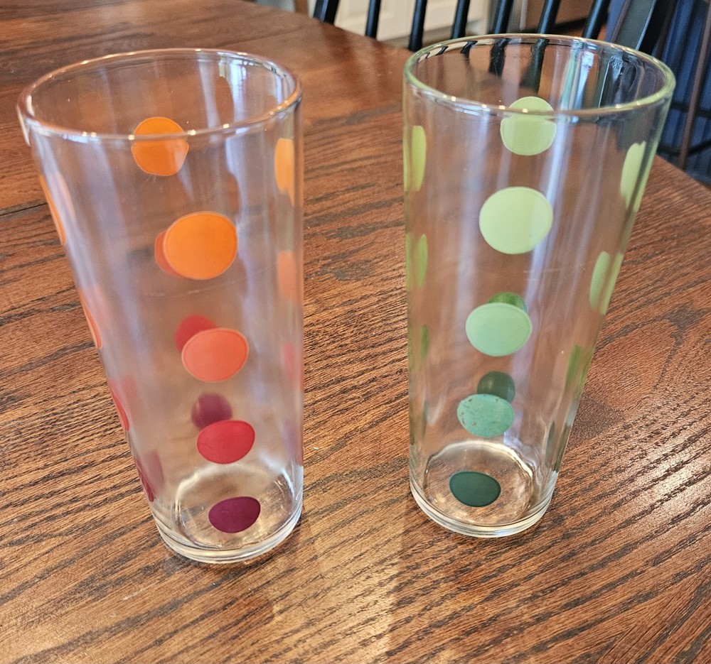 Vintage MCM 2 Libbey Polka Dot Glass Tumblers 1 green 1 red