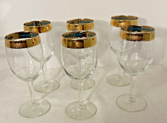 Vintage MCM 1960s Culver 22kt Gold & Turquoise Rim 7″ Tall Wine Glasses Lot/6