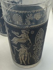 Set 4 Greek Revival Highball Glasses Tumblers Blue White Silver Figural Motif