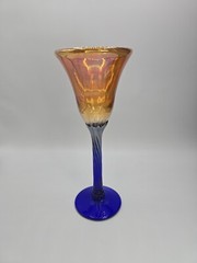 Rick Strini Art Glass Tulip Wine Goblet Iridescent Amber & Cobalt Signed