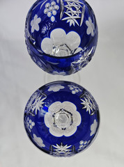 Vintage Pair Cobalt Blue Cut to Clear Crystal Wine Goblets Faceted Stem 8.25”