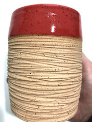 Art Pottery Cup Red and Beige Textured Exterior Glossy Interior Makers Mark