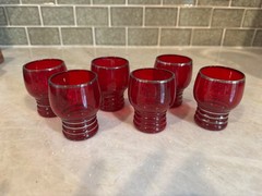 7 Ruby Red Imperial Glass Shaeffer 2.5″ Shot Glasses 1930’s Platinum Trim