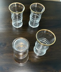 Anchor Hocking Set of 4 1940s Gold Rimmed Ribbed Center Juice Glasses