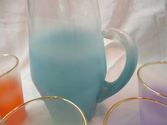 Vintage W.V. Blendo glass tall Pitcher & 6 Tumblers Aqua orange purple green