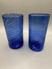 Lot Of 2, Vintage Cobalt Blue Swirl Glasses Tumblers Hand Blown, 5″