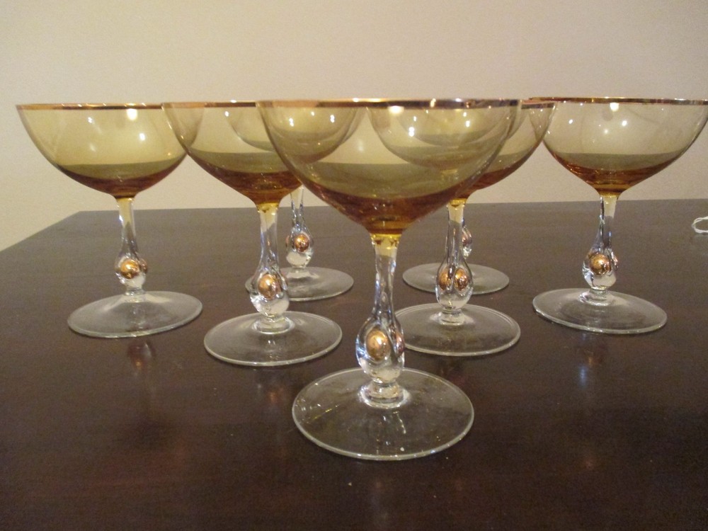 7 Vtg Jozef Stanik Gold Ball Stem Amber Champagne Coupe Glasses Hand Blown MCM