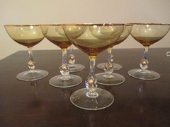 7 Vtg Jozef Stanik Gold Ball Stem Amber Champagne Coupe Glasses Hand Blown MCM