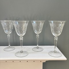 Art Deco Set of 4 Long Stemmed Etched Wine Glasses Barware Rare Geometric Design