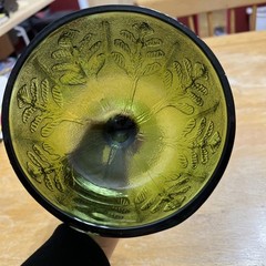 Vintage 70s FTD Avocado Green Glass Goblet With Embossed Leaf Design