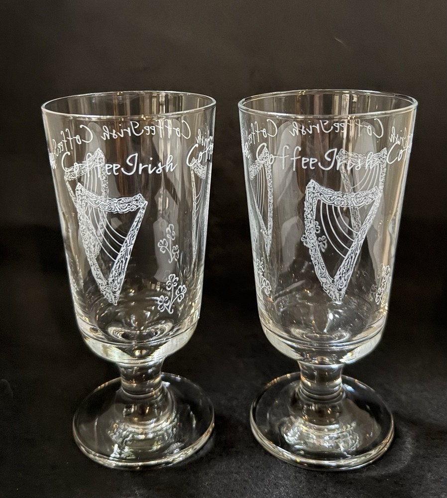 2 EAMON Glass Mugs Irish Coffee Liqueur Cups Etched Harps Shamrocks “EXCELLENT!”