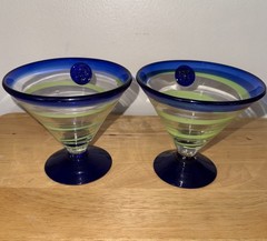 2- Kosta Boda Royal Caribbean Martini Margarita Cobalt Blue Green Swirl Glasses