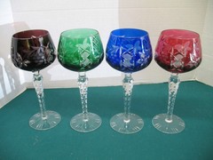 Lot of 4 Ajka Marsala Crystal Multicolor Wine Goblets Glasses Bohemia Hungary