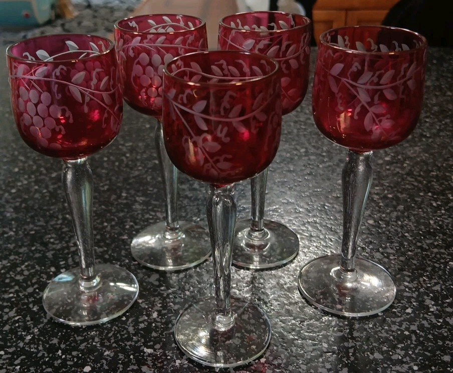 5 Vintage Cranberry Bohemian Cut Crystal Cordial Glasses Red Grapes 4 1/8 Inches