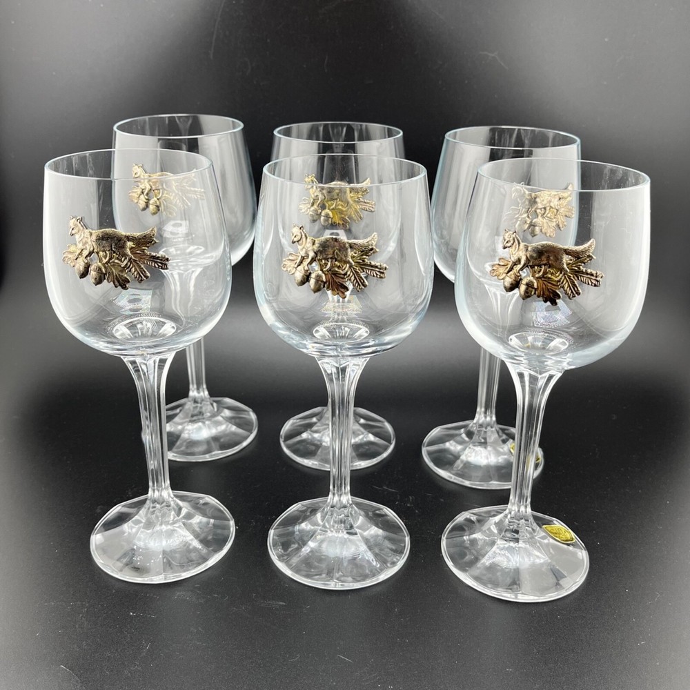 6 Vintage Bohemia Glass Clear 7” Wine Glasses with Metal Fox and Oak Emblem