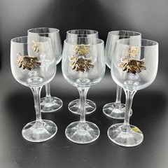 6 Vintage Bohemia Glass Clear 7” Wine Glasses with Metal Fox and Oak Emblem