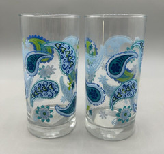 CRISA LIBBEY Paisley GLASS Blue Green White TUMBLERS set of 2 NEW OLD STOCK