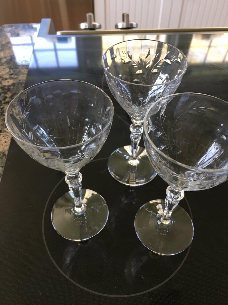 3 Antique Fine Crystal Hand Cut Etched Floral Vines & Dots sherbet Glasses Mint