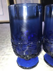 2 Rare L.E. SMITH Cobalt BLUE Wicker BASKETWEAVE 14oz Pedestal TUMBLER Goblet 6″