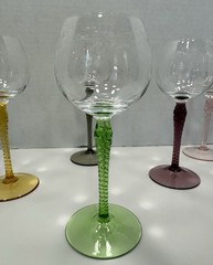 6 VTG Colorful Twisted Stem Crystal & Glass Wine Glasses Etched Grape Design