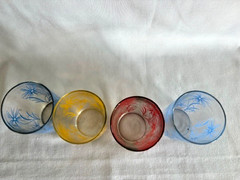4 VTG 1940’s Swanky Swig Beverage 4 Oz Juice Glass CORN FLOWER RED, YELLOW, BLUE