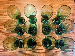 VTG Libby Juniper Green Water Wine Goblets Set Of 12 Glass Teardrop Gold Rim