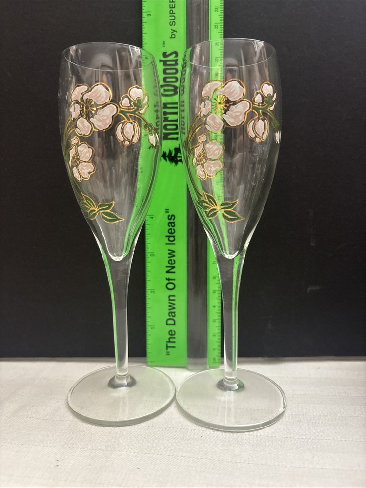 PERRIER JOUET BELLE EPOQUE Champagne Flutes, Hand-Painted Crystal-Set of 2 – New