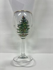Spode Christmas Tree Stemmed Wine Glasses w/ Original Box – Set of 4 Gold Rim