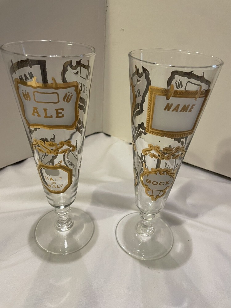 2 Vintage Pilsner Beer Stout Ale Bock Mid Century Glasses Gold Lettering Gift