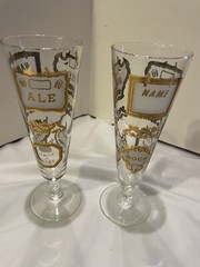 2 Vintage Pilsner Beer Stout Ale Bock Mid Century Glasses Gold Lettering Gift