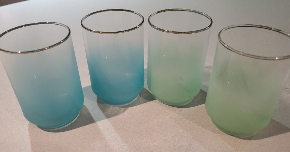 4 Vintage MCM Libbey Blendo Frosted Juice Cocktail Glasses Green & Blue 4 inch