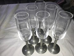 6 Rare ETAINS France CTR 7oz CHAMPAGNE Flute GLASS Pewter Stem STAMP Barware 8½»