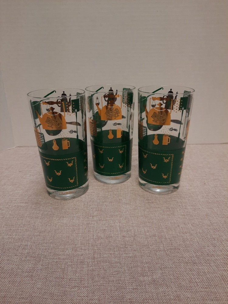 Bob Wallack Green and Gold Tall Cocktail Glass Lot of 3 Rare