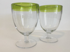 2 Hand Blown Clear Glasses Vibrant Lime Green Trim Thick Heavy 3.75 x 5.75″ EUC