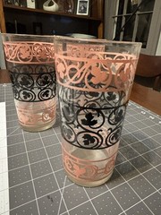 3 Mid Century Vintage Anchor Hocking Wrought Iron Pink Black Glass Tumblers Bar