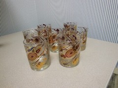 Rare Vintage Culver Gold and Cranberry Floral Bar Ware Set of 7 Whiskey Lowball