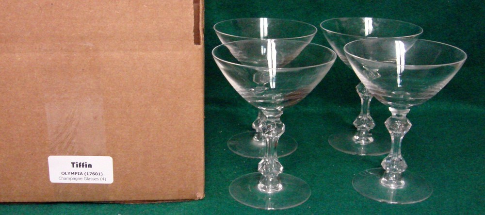 Tiffin Crystal OLYMPIA (#17601) Champagne Stems SET OF FOUR *MINT IN BOX*