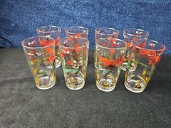 Set 8 VINTAGE MCM Hazel Atlas Pheasant Bird Hunting Glasses 5″ Barware 12 Oz EUC