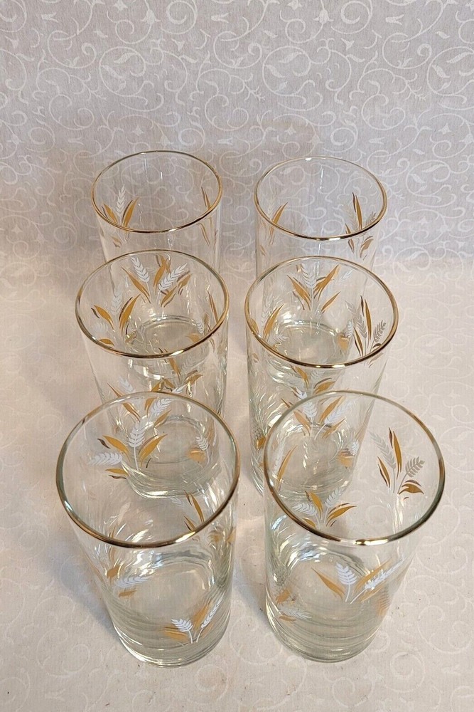 6 /Set Vintage Libby Wheat Tumblers Glasses Gold Rim White and Gold Wheat 5.5″