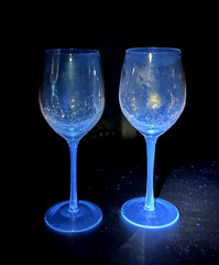 2 Amber Crackle Golden Luster Tall Stemmed Wine Glasses, Blue Manganese Glow