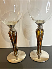 Godinger-Style Amber Stem Wine Goblets – Metal & Glass Stemware Vintage Set of 2