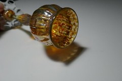 Art Glass Cordial Ribbed Bowl & Stem Iridized Honey 6 Petal Feet 6″ T Sgd c1999