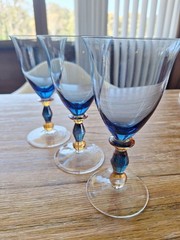 3 Mikasa Estate Slate Blue/ Amber Wine/Water Glasses Handblown Art Deco 7″H EUC