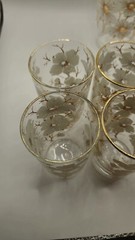 VTG 1 Pitcher 6 Glasses White Cherry Blossom Gold Trim Tree Branches Hand Blown