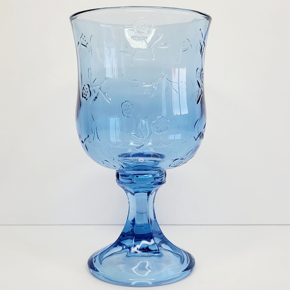 Anchor Hocking Savannah Blue Glass Iced Tea Water Goblet Embossed Roses