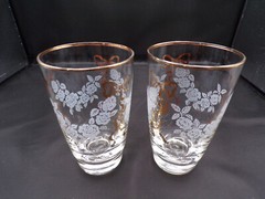 2 Vintage Libbey Rare Etched Roses Gold Trim & Bows Beverage Glasses 5-1/4″ D25