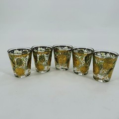VTG MCM Culver Midas 22 Karat Gold Liberty Coin Shots Barware Glasses Set Of 5