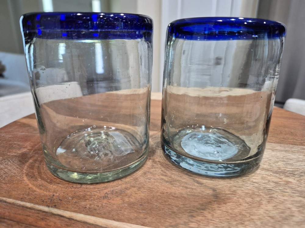 Set of 2 Pier One Cobalt Rim Clear Mexican Hand Blown Glass Tumblers