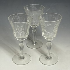 Lot of 3) Antique Paneled Etch Glass Cordial Sipping Glasses Victorian Edwardian