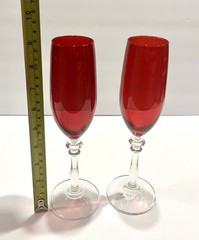 Champagne Flute Glasses Ruby Red, Clear Stem 9″Gorgeous, Elegant,Party,Gift,Fire